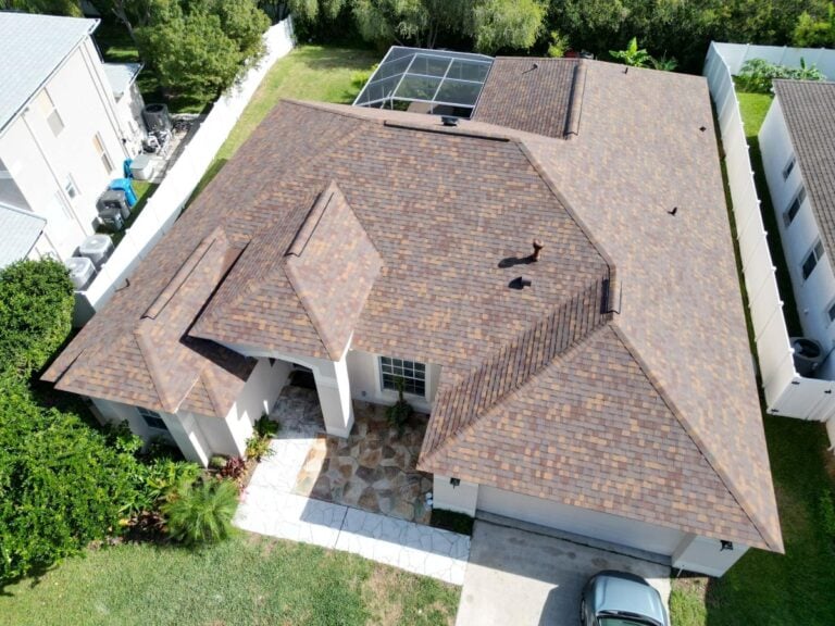 Aerial view of a roof with shingles