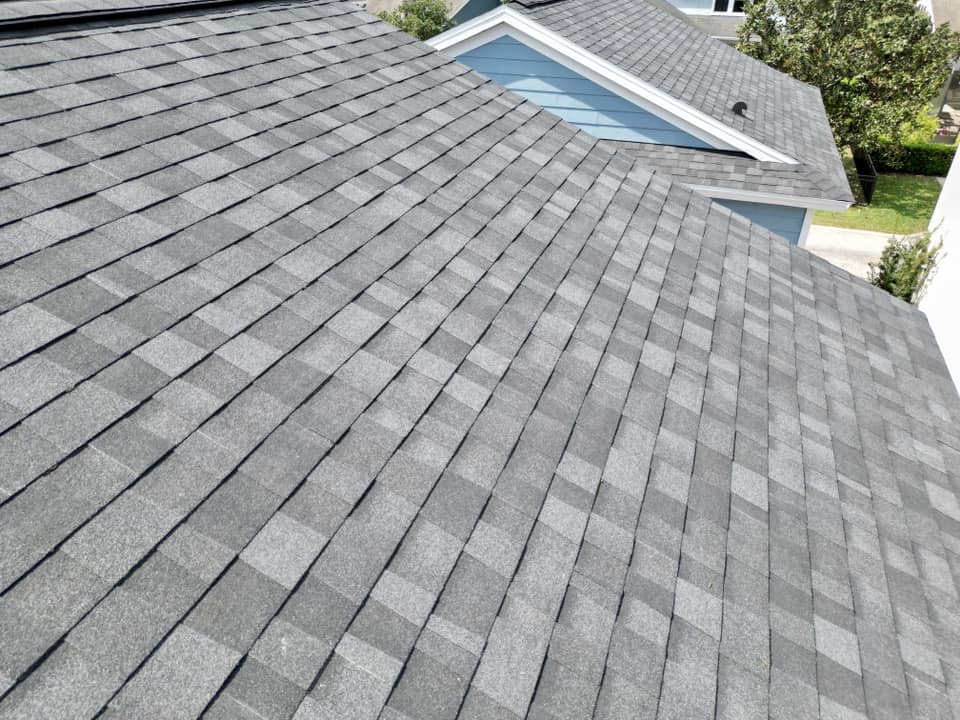 Close-up of a grey shingle roof