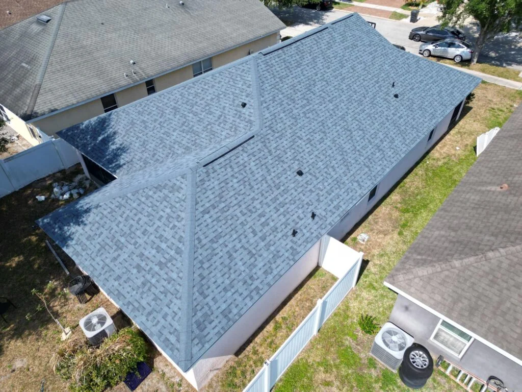 A grey/blue shingle roof