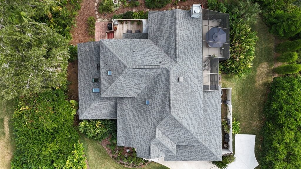 Aerial view of a grey roof
