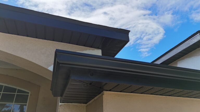 A close-up view of a house's black metal roof gutters, soffit, and fascia against a partly cloudy blue sky, with part of a window and arch visible on the left.