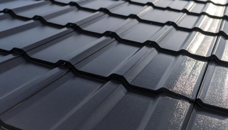 Close-up view of a dark grey metal roof with a corrugated, ridged pattern, highlighting its texture and glossy surface reflecting light—a great visual for any Homeowner’s Guide to Choosing the Right Option among various metal roof types.