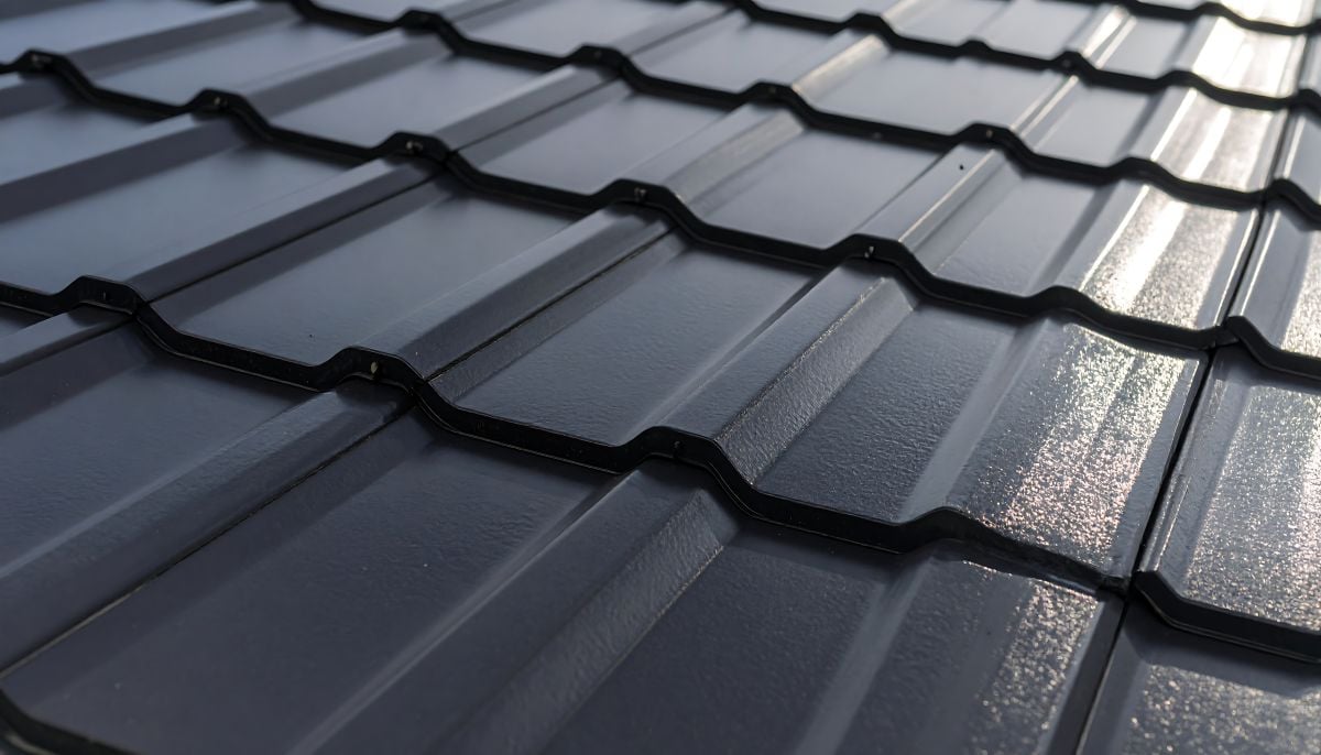 Close-up view of a dark grey metal roof with a corrugated, ridged pattern, highlighting its texture and glossy surface reflecting light—a great visual for any Homeowner’s Guide to Choosing the Right Option among various metal roof types.