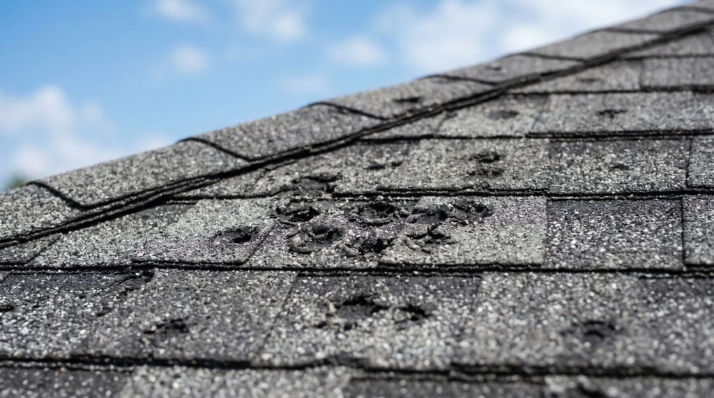 Close-up of an asphalt shingle roof with multiple dents and damage, showing granular loss on roof likely caused by hail impact, under a partly cloudy blue sky.