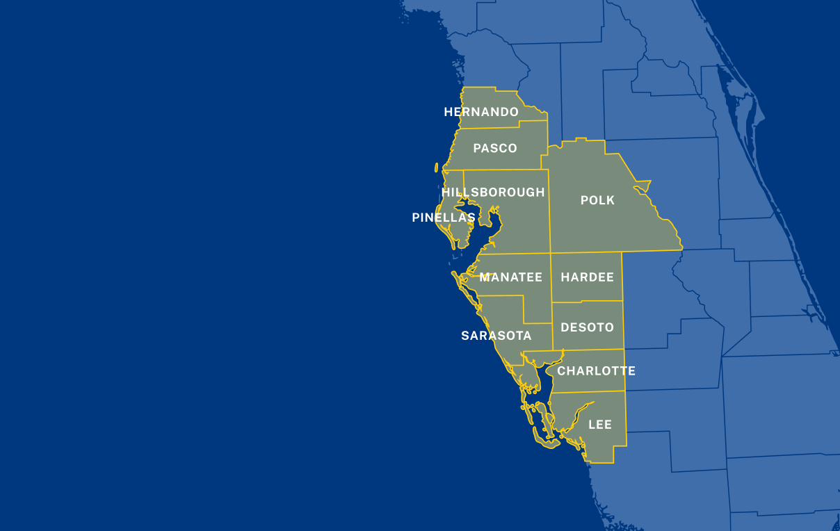 Map highlighting the Service Area of 10 counties in west-central Florida: Hernando, Pasco, Pinellas, Hillsborough, Polk, Manatee, Hardee, Sarasota, DeSoto, Charlotte, and Lee; surrounding areas are shaded in blue.