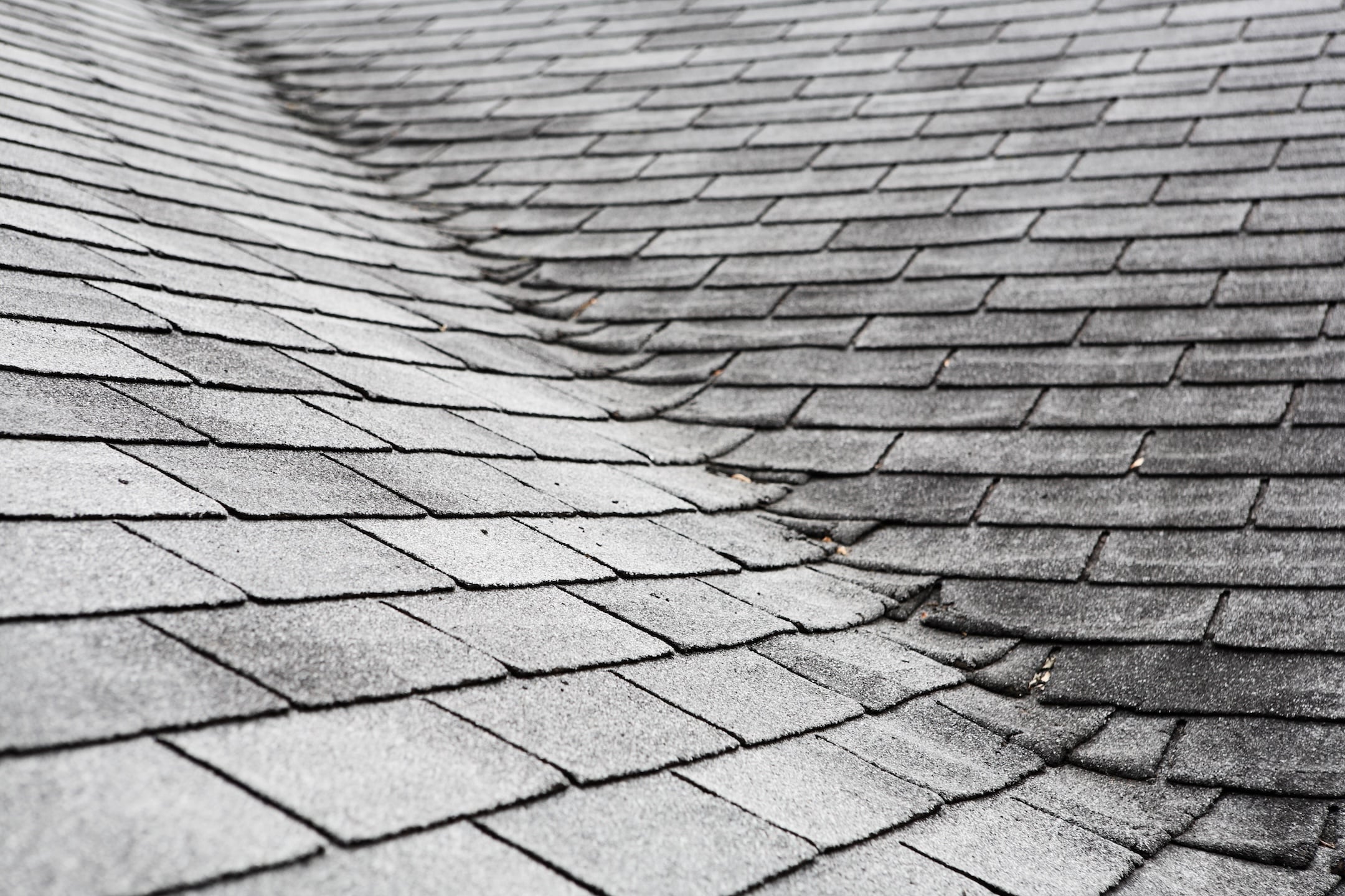 Close-up of an asphalt shingle roof showing visible sagging and unevenness, indicating possible structural issues. The gray shingles appear weathered, with some shingles curling—a common sign that early fixes for shingles may be needed to prevent further damage.
