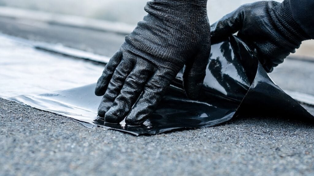 Close-up of construction worker's dark gloved hands peeling and pressing down a glossy black bitumen waterproofing membrane onto a flat asphalt roof surface, showing essential weatherproofing technique.