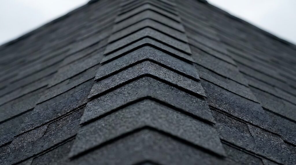 Close-up view of dark asphalt roof shingles, specifically 3-tab shingles, arranged in a neat, overlapping pattern and forming a sharp peak at the center of the image, with the sky barely visible in the background—a detail often highlighted in roofing comparison with architectural shingles.