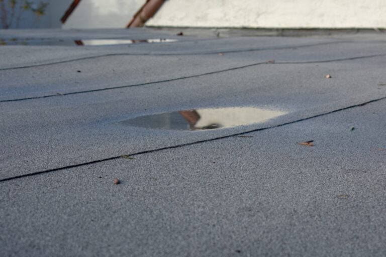 A close-up of a flat, gray rooftop with a shallow puddle of water—often one of the common flat roof causes for concern among homeowners—reflecting part of a white building and some brown beams. A few small leaves and debris are scattered on the roof.