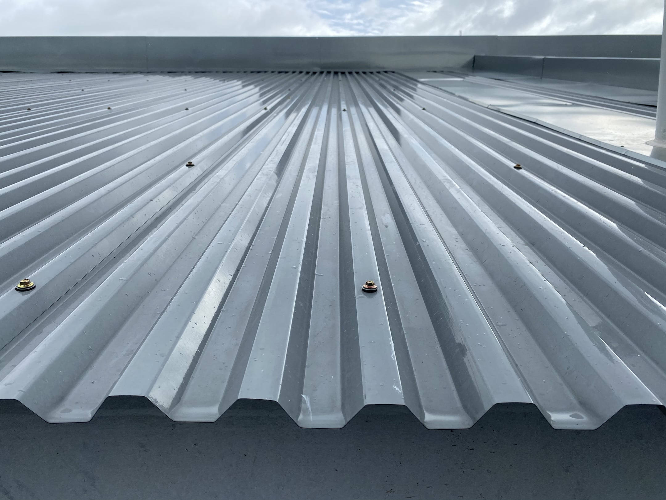 Close-up view of a gray corrugated metal roof with screws securing the panels, under a cloudy sky. The surface appears well-maintained, suggesting the use of a quality metal roof coating for added durability and protection.