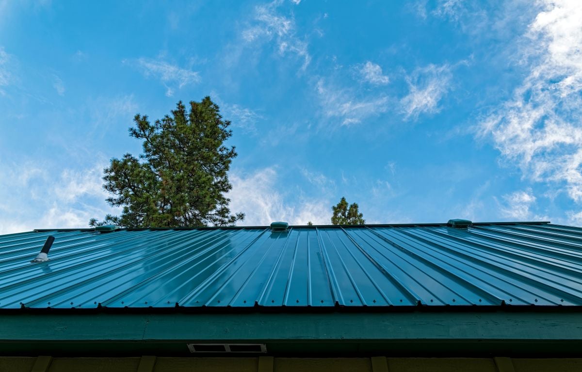 metal roof vs shingle roof hurricane A green metal roof of a building is shown with trees and a blue sky with wispy clouds in the background, highlighting the durability of a metal roof even in hurricane-prone areas.