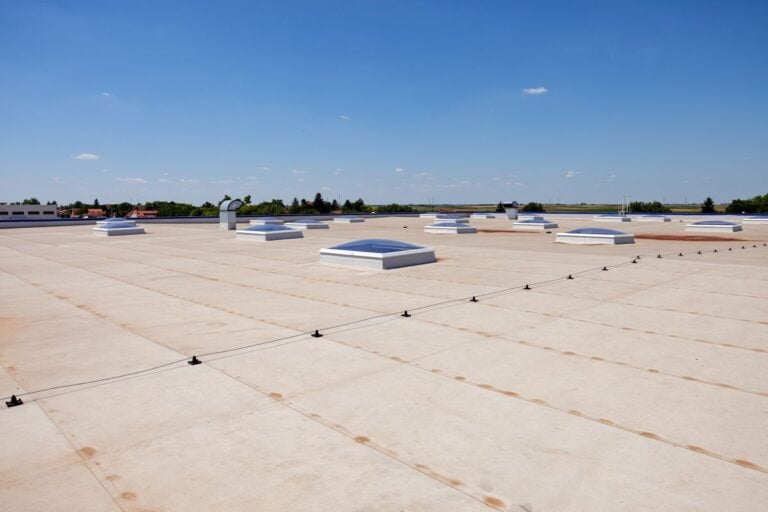 best flat roof material Flat commercial building rooftop with multiple skylights and ventilation units on a sturdy metal roof, under a clear blue sky. Trees and other buildings are visible in the background.